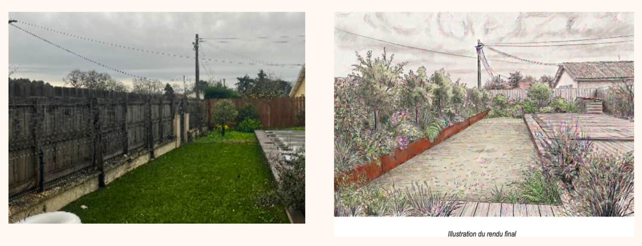 Photo du jardin avant travaux et illustration du rendu final du massif brise-vue